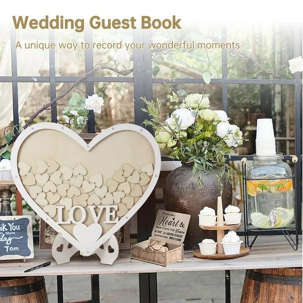 Wedding Sign-in Wedding Guest Message Book with 65PCS Wooden Hearts