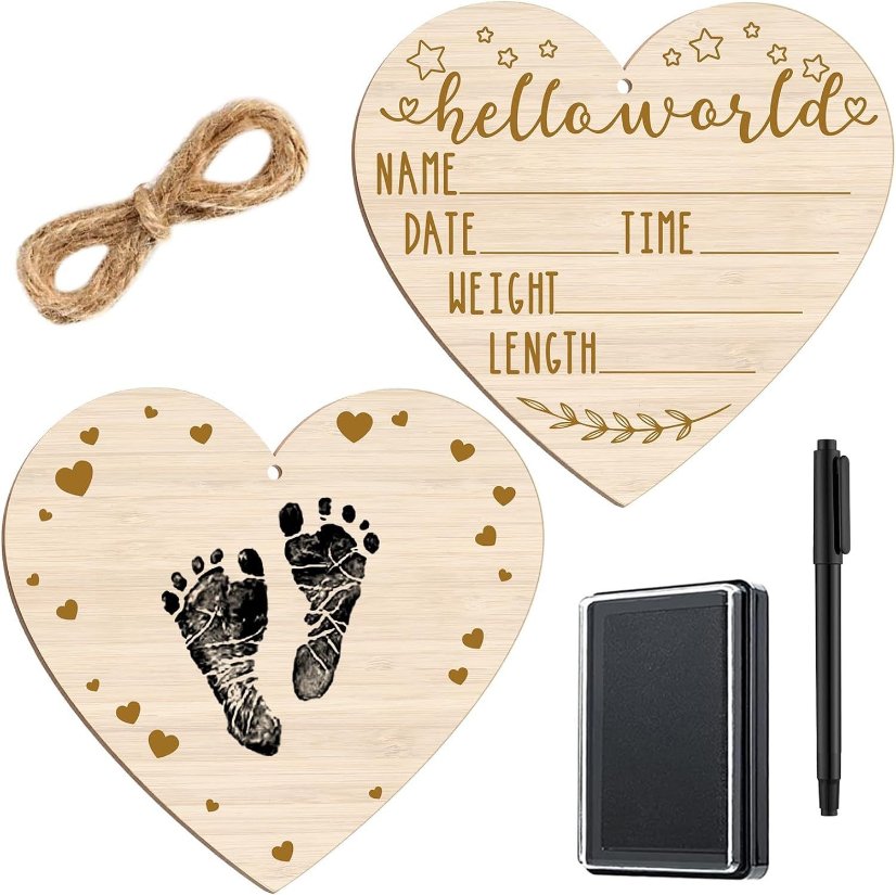 Infant Baptism Heart Style Baby Hand Footprint Commemorative Wooden Plaque
