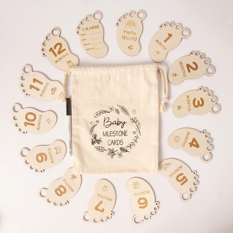 Infant Baptism Baby Milestone Month Plaque Wooden Disc Cloth Bag Packaging